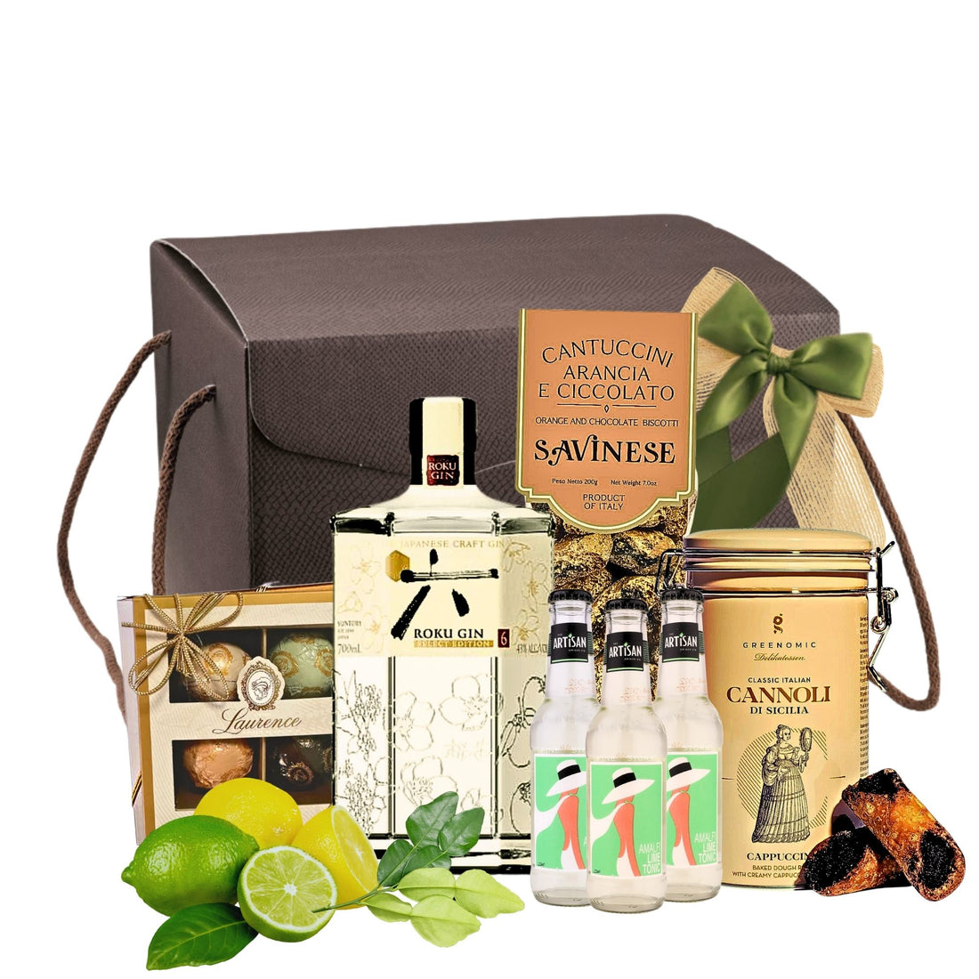 Cadou Gin Roku Radiance cu gin japonez Roku, tonic Amalfi și dulciuri Laurence într-o cutie festivă