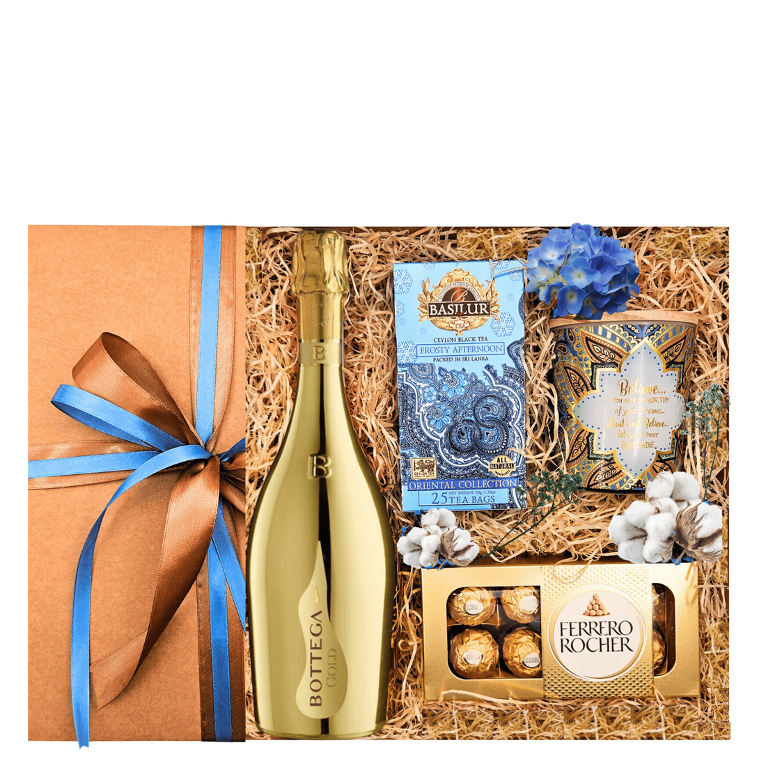 Set Golden Moments cu Prosecco Bottega Gold, bomboane Ferrero Rocher, ceai Basilur Frosty Afternoon și lumânare parfumată într-o cutie premium
