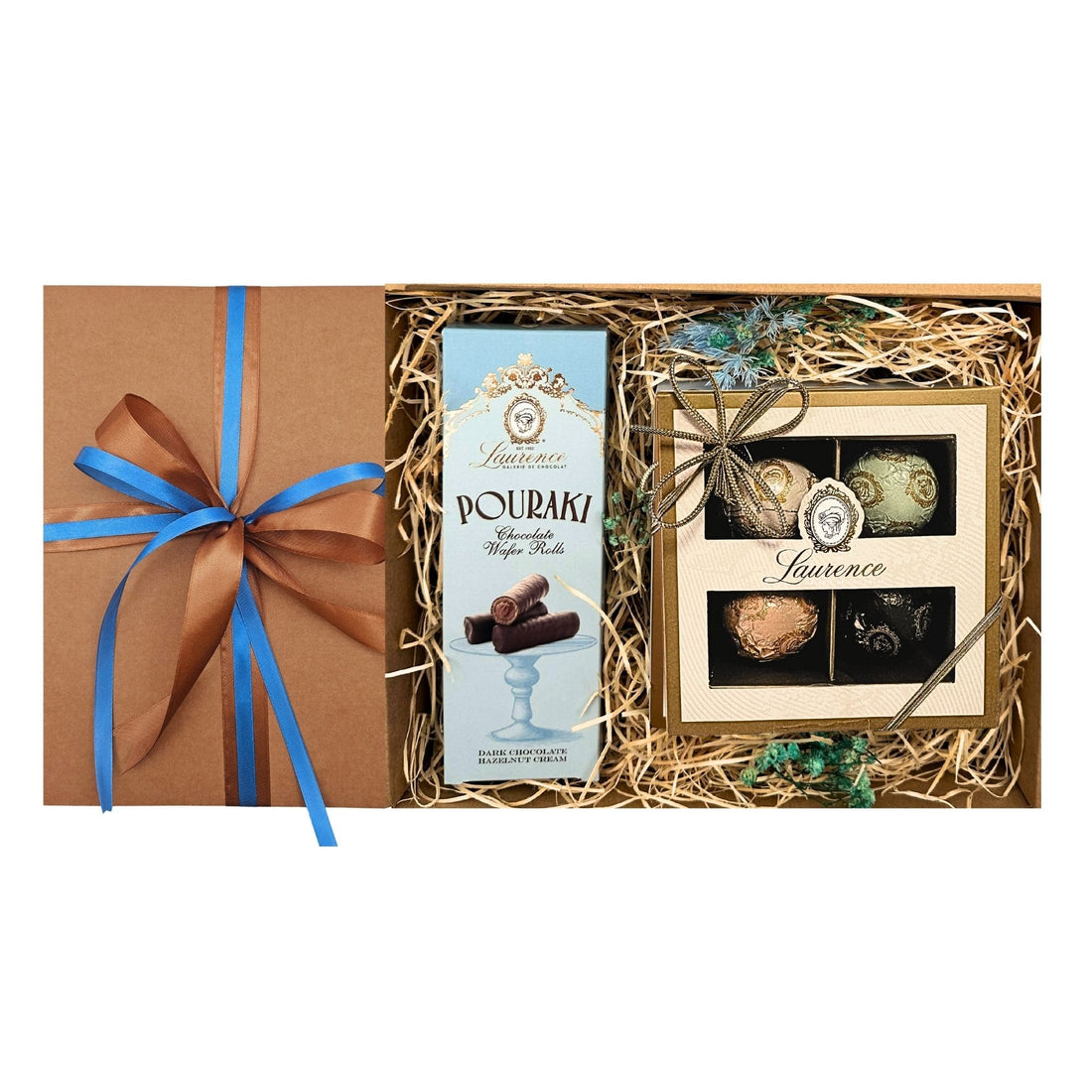 Cutie Laurence Blue Delights cu cremă de alune Laurence Pouraki, praline Laurence Chocolate și felicitare personalizată
