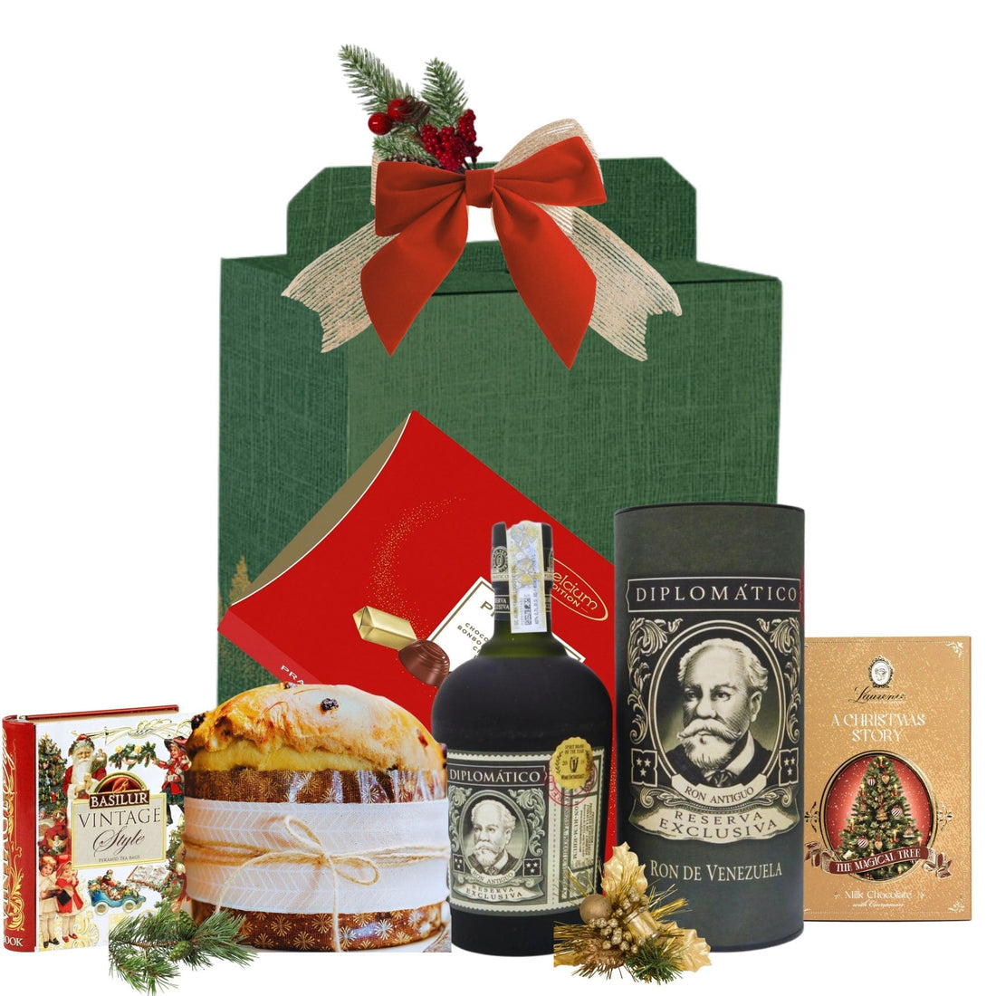 Set Make a Wish cu Rom Diplomatico, ciocolată Laurence, praline Excelcium și panettone într-o cutie cadou festivă