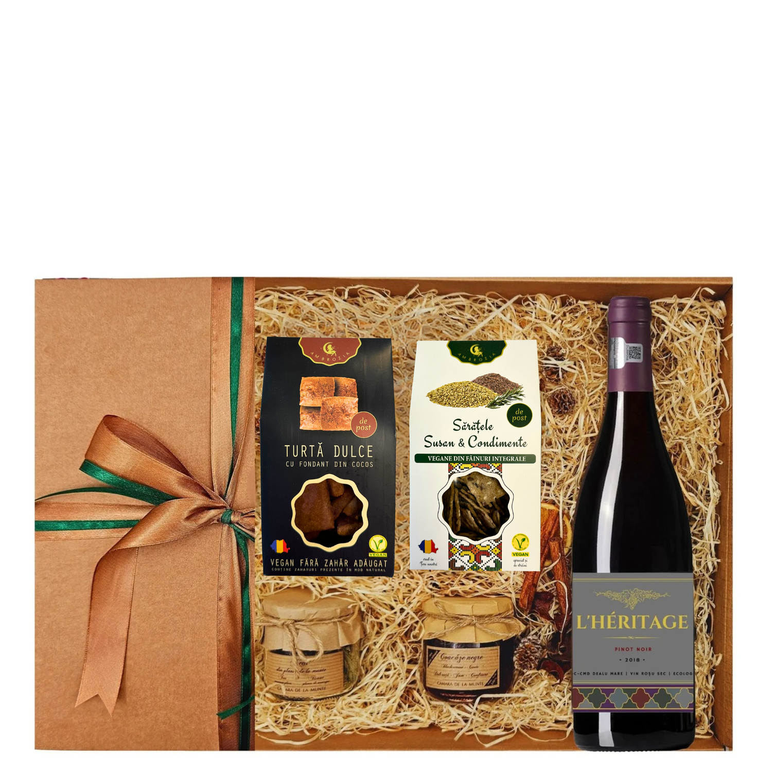 Set Natural Delights &amp; Elegance cu vin roșu Pinot Noir, ceai montan, dulceață de coacăze fără zahăr și fursecuri fine
