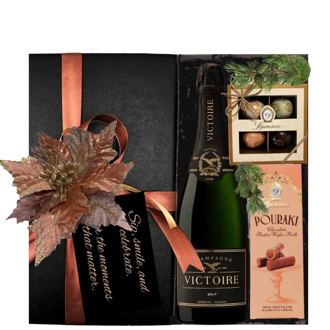 Set Noël Sparkling cu șampanie G.H. Martel Victoire, praline Laurence și cremă Pouraki în cutie festivă