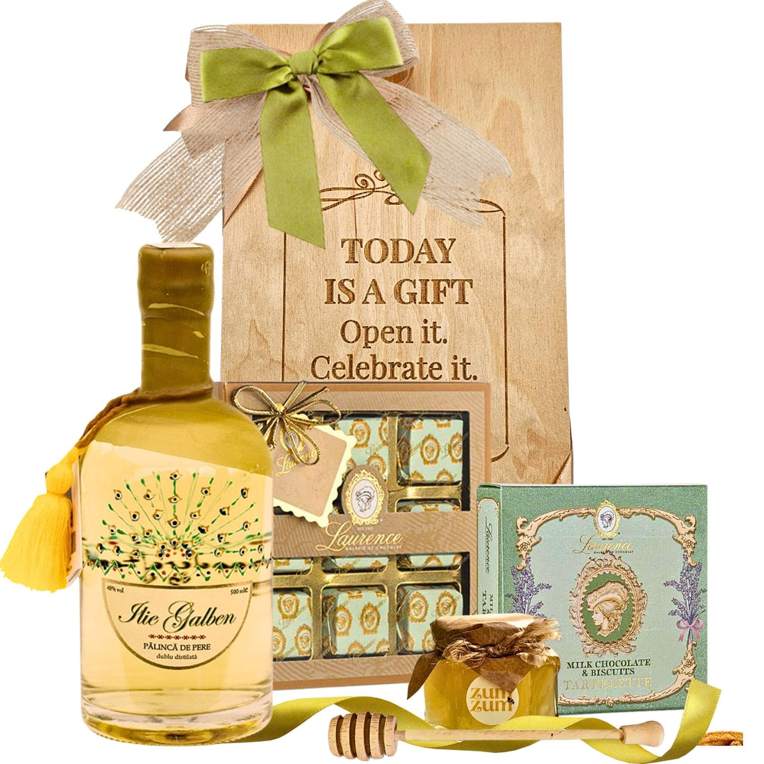 Cadou Pălincă Classic cu pălincă Ilie Galben, praline Laurence și miere salcâm