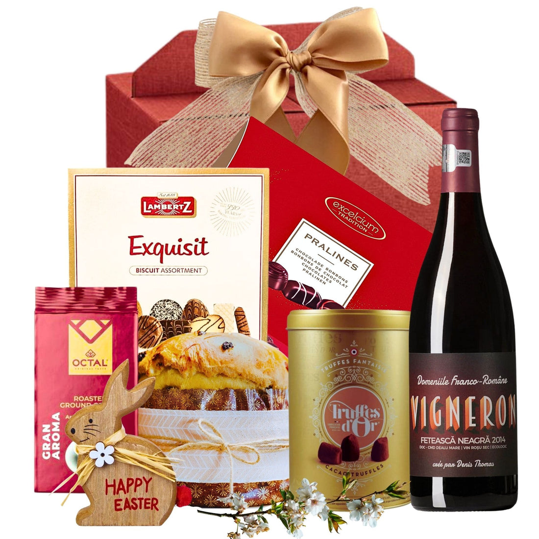 Cadou Paște Vin Roșu &amp; Armonie cu vin Vigneron, trufe Mathez și biscuiți Savinese în cutie festivă