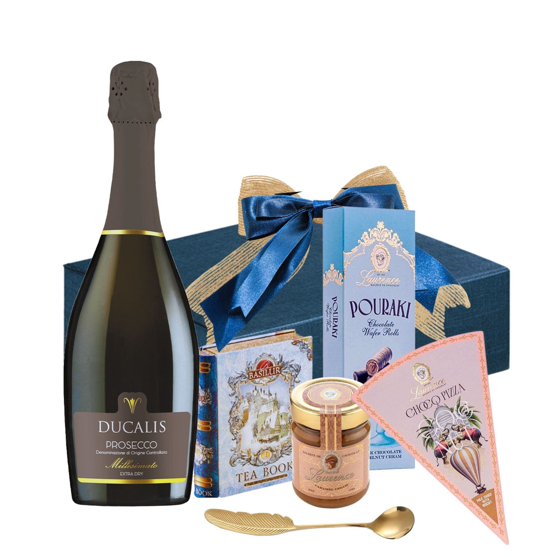 Cadou Prosecco Blue Splendor cu prosecco Ducalis și dulciuri gour­met