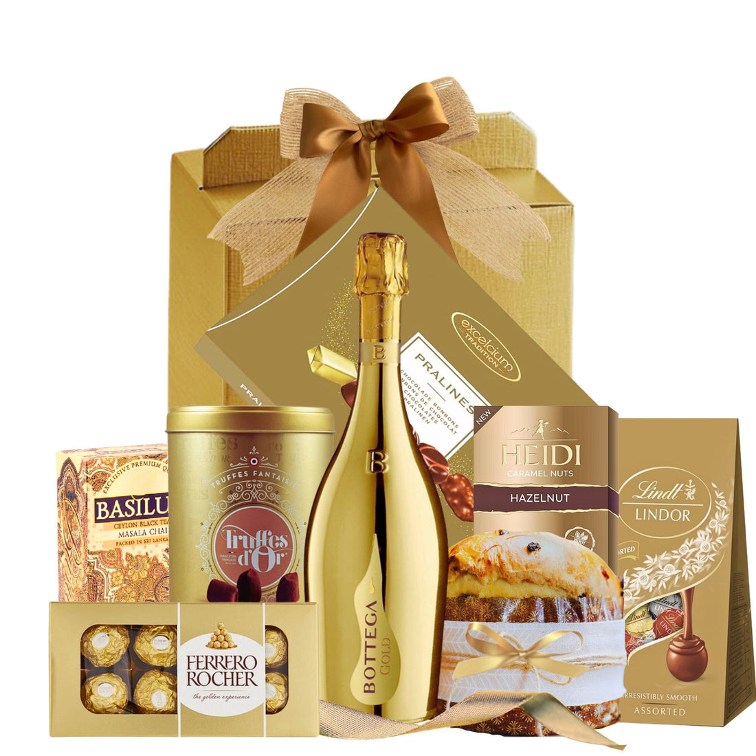 Coș Prosecco Bottega Gold Deluxe cu trufe Mathez, praline Excelcium, Ferrero Rocher și panettone într-o cutie festivă