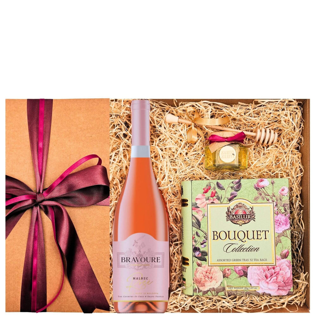 Coș Rosé Reverie cu vin Malbec Rosé, miere salcâm bio, baton miere spiralat și ceai Basilur în cutie cadou elegantă