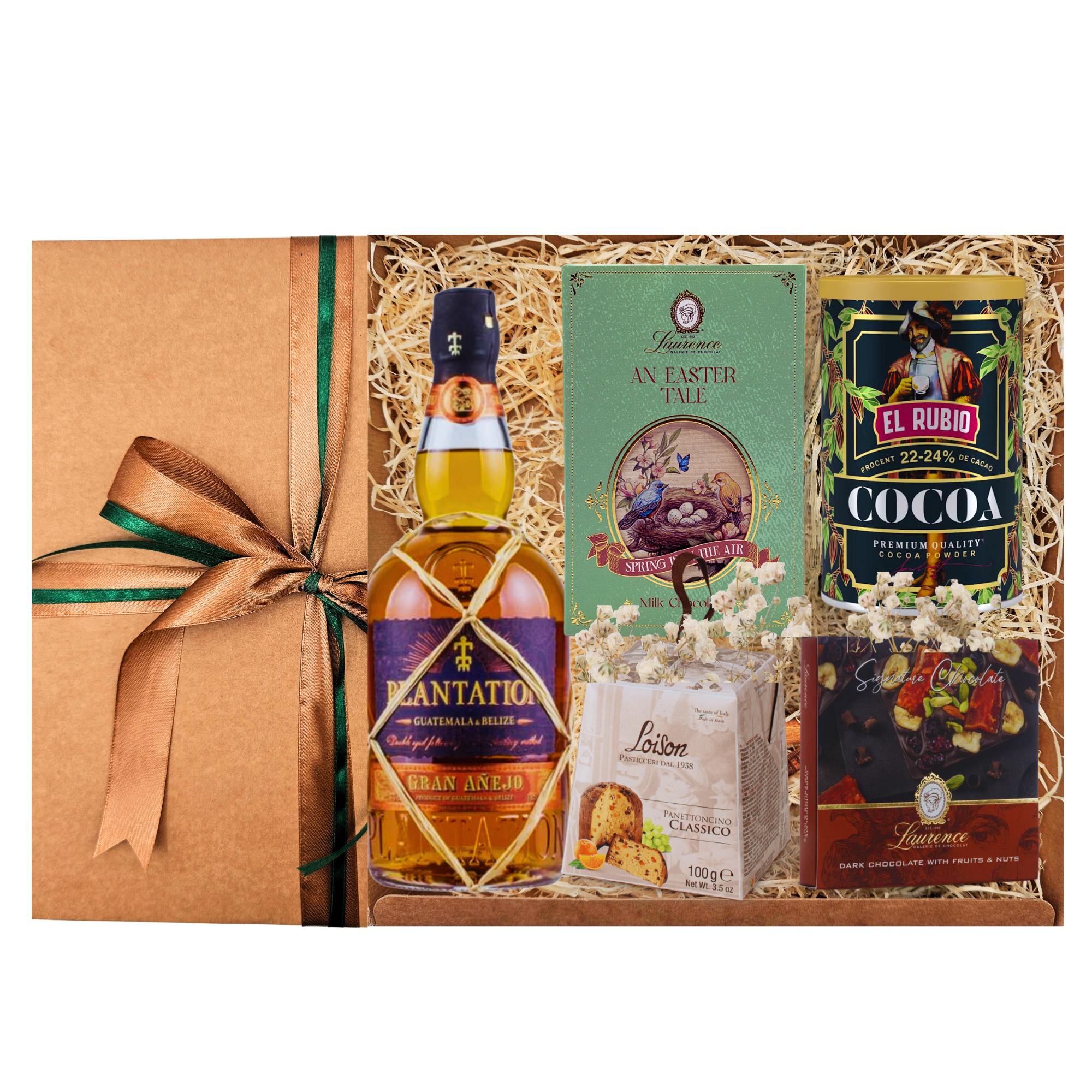 Coș Rumming It Right cu rom Plantation Grand Anejo, cacao pudră El Rubio, ciocolată Easter Tale şi Signature Laurence în cutie festivă