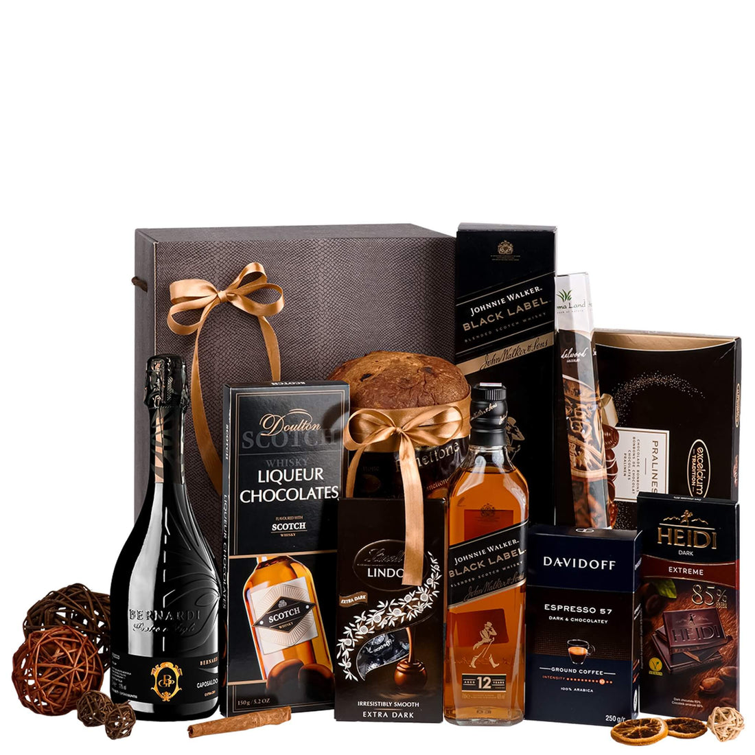 Coș Sparkle &amp; Whisky cu whisky Black Label, prosecco, cafea și praline fine într-o cutie festivă