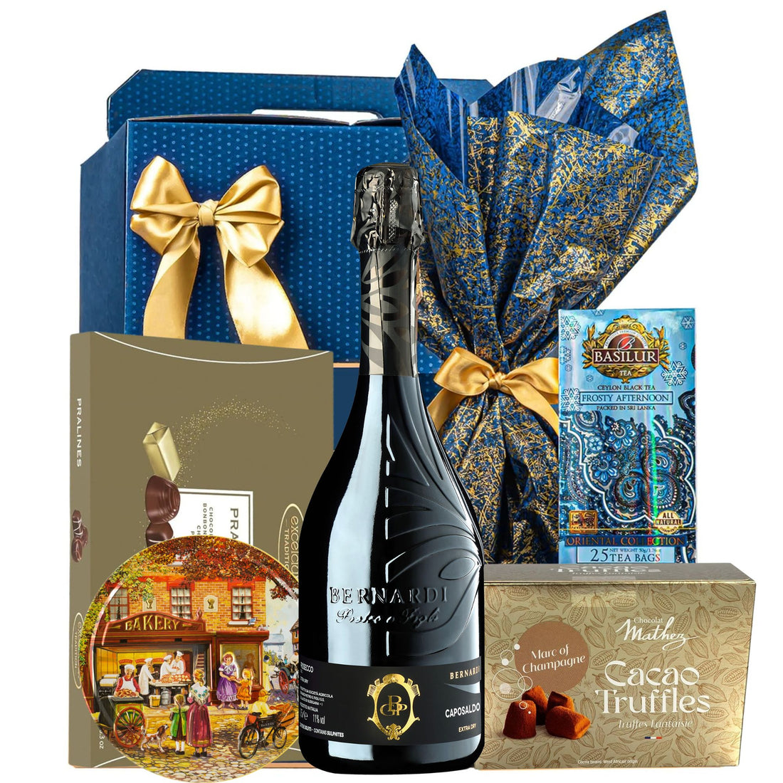 Coș Sparkling Blue Gold cu Prosecco Bernardi Caposaldo, ceai Basilur și praline Excelcium