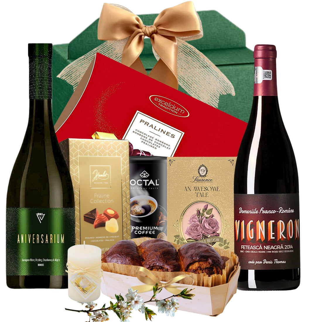 Cadou Special Duo Gourmet cu vinuri și delicii de ciocolată in cutie festivă