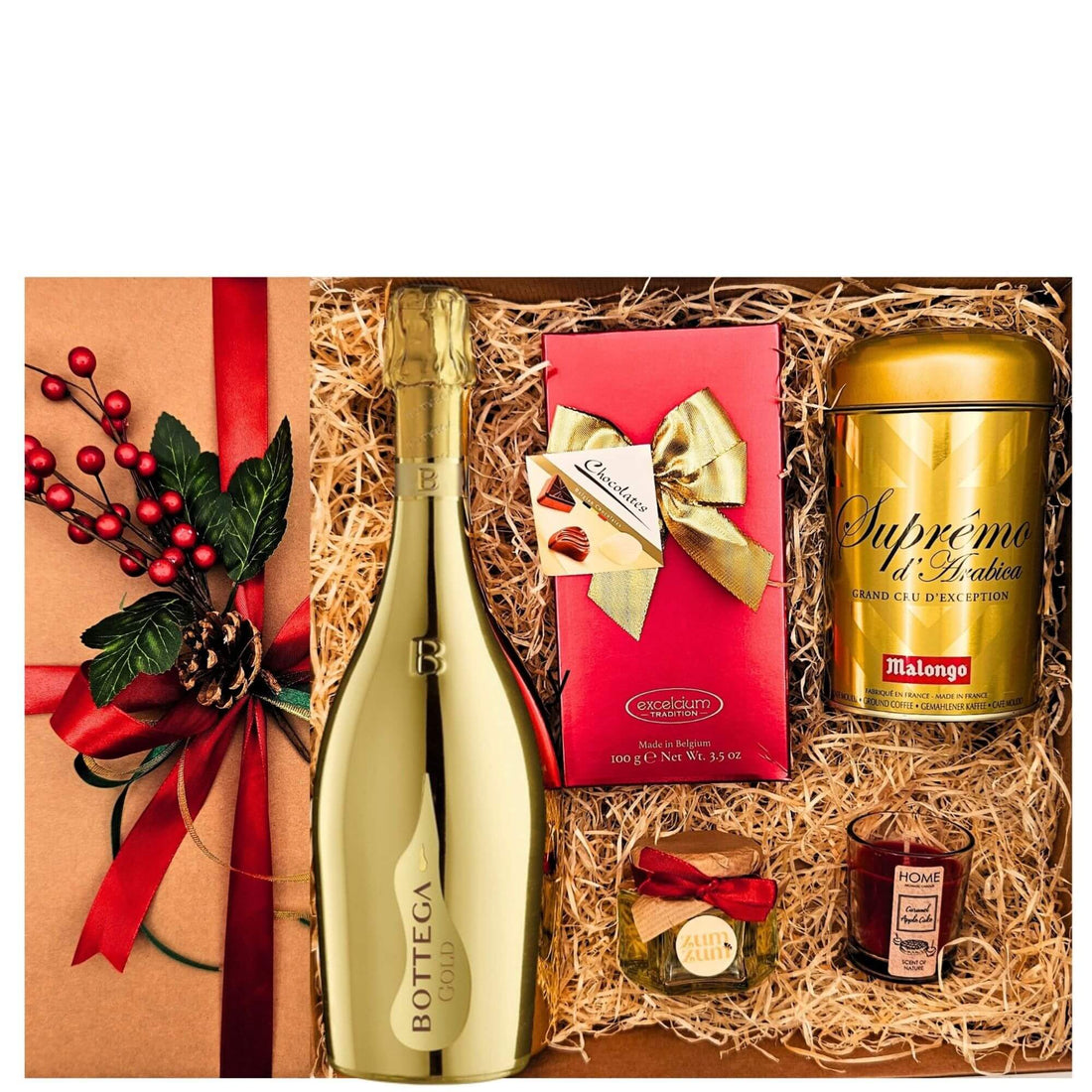 Cadou Toast to Fine Living cu Prosseco Bottega Gold, praline Hamlet, miere bio și cafea Malongo