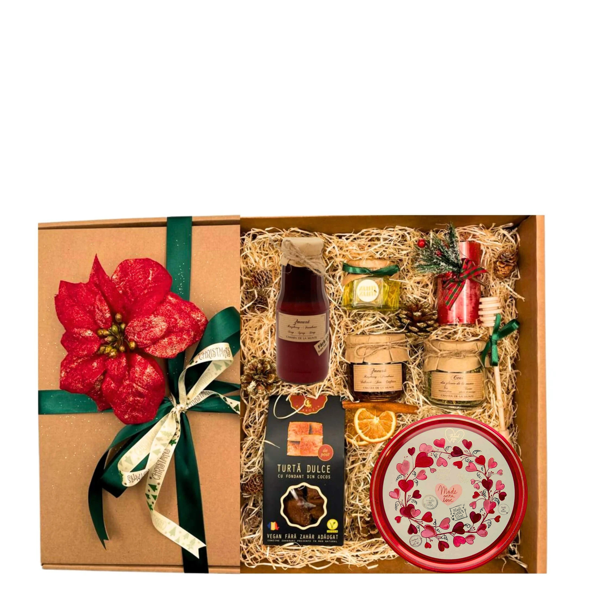 Coș Veselie de Crăciun cu miere bio, dulceață de zmeură, ceai montan, fursecuri și lumânare festivă
