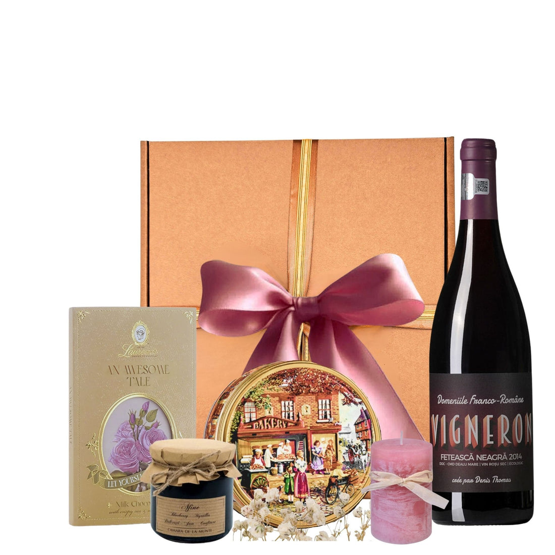Set Vin Roșu Prestige cu fursecuri daneze, dulceață de afine și ciocolată Laurence în cutie cadou