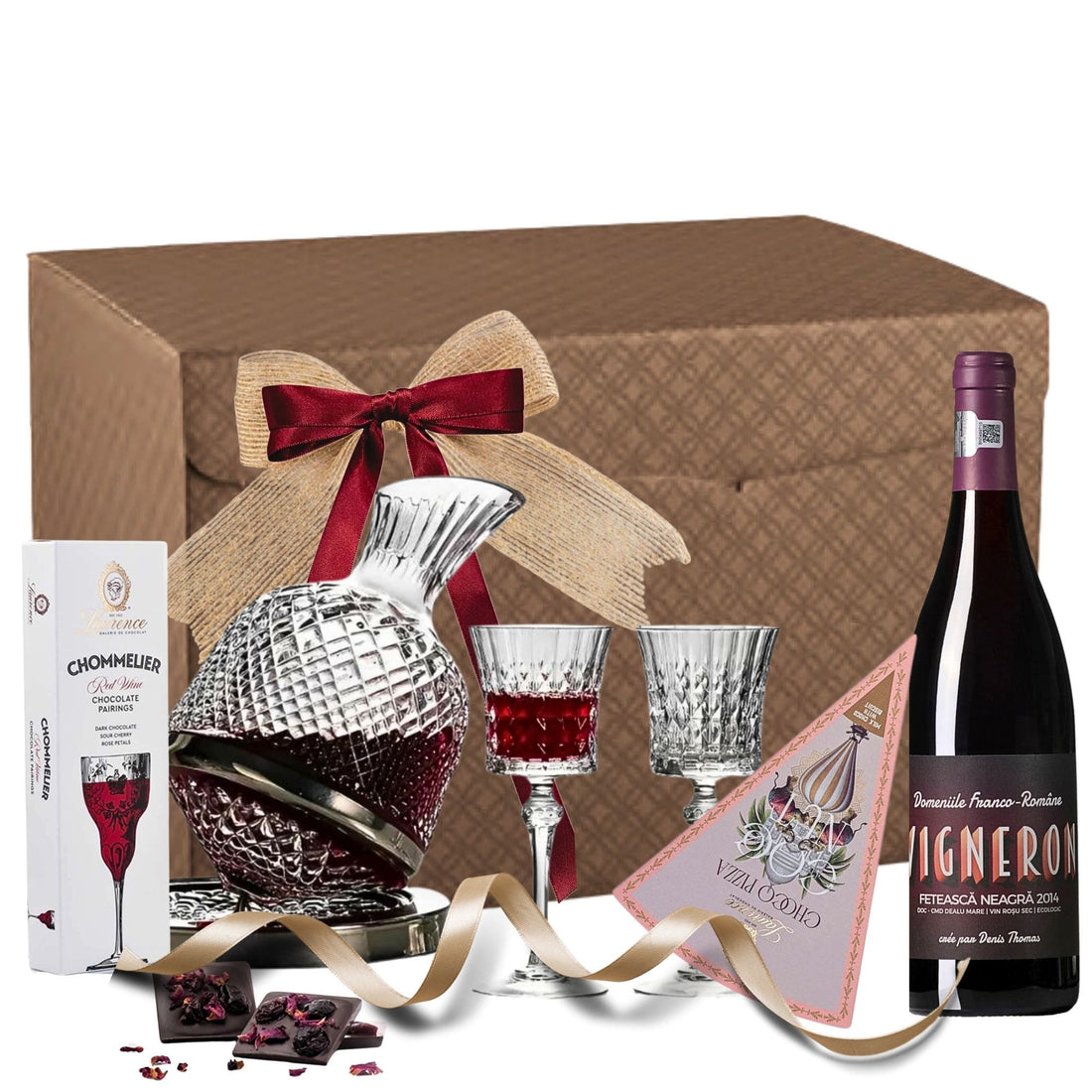 Vin Roșu Toast – Vigneron Franco Romane, decantor rotativ și ciocolată Laurence în cutie cadou