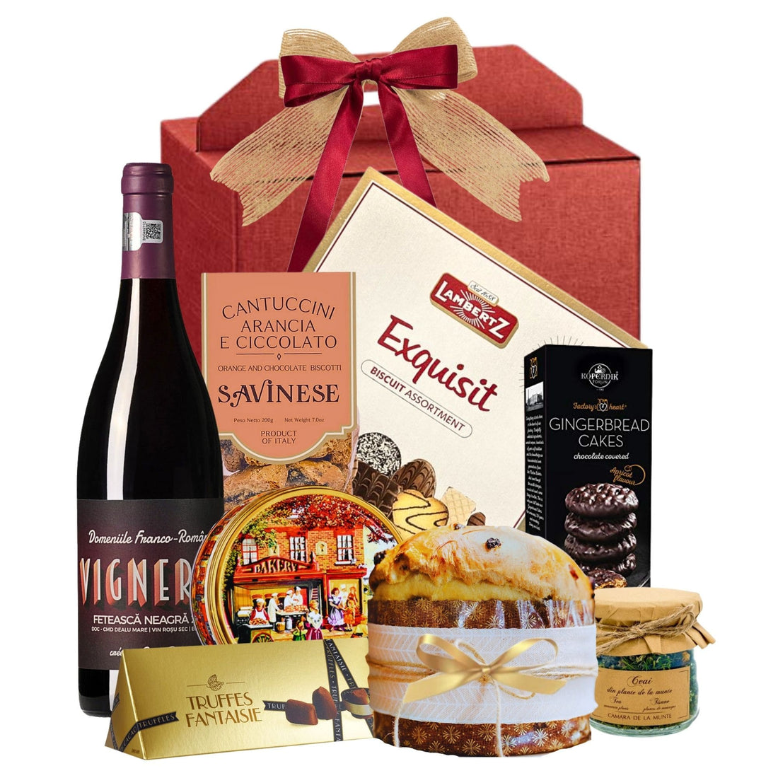 Vin Roșu Vigneron Elegance cu biscuiți, panettone şi trufe într-o cutie cadou premium