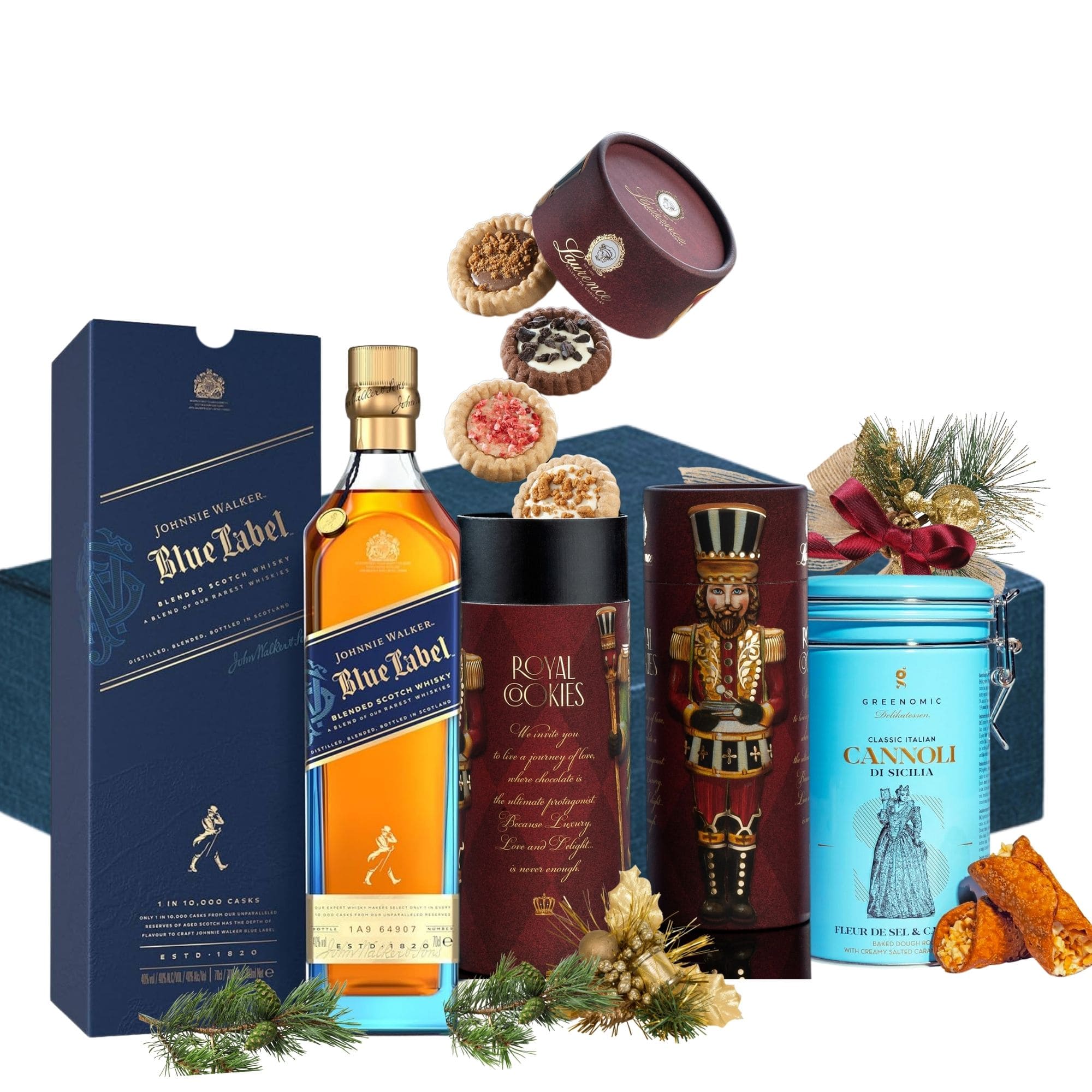Cadou Whisky Distinction cu Johnnie Walker Blue Label și delicii Mathez &amp; Royal Laurence într-o cutie festivă