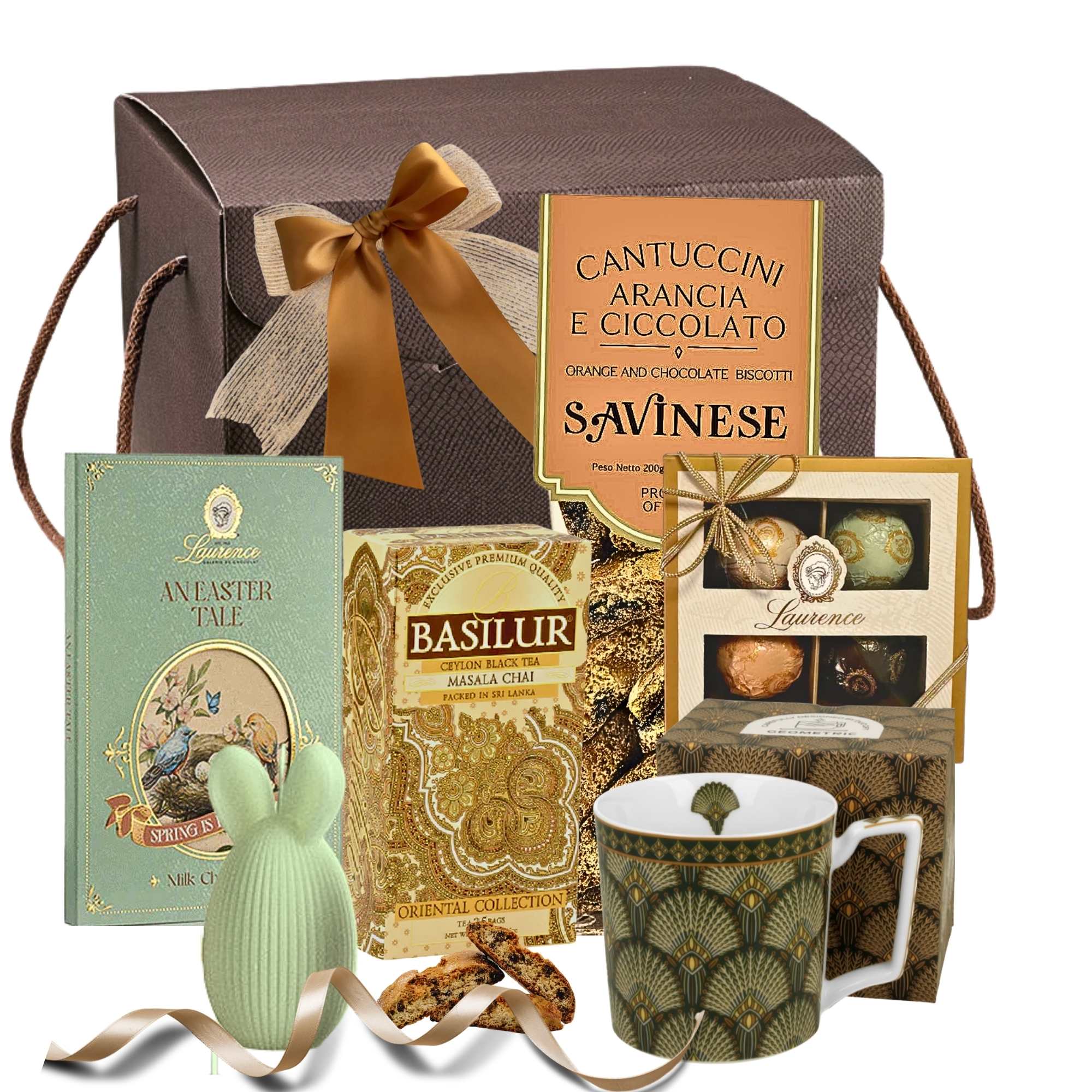 idei cadouri iepuras cos cadou cu cantuccini ceai si praline