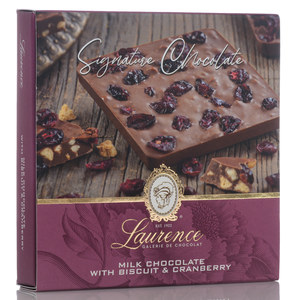 Ciocolată cu lapte Laurence Signature cu biscuiți și merișoare 100g