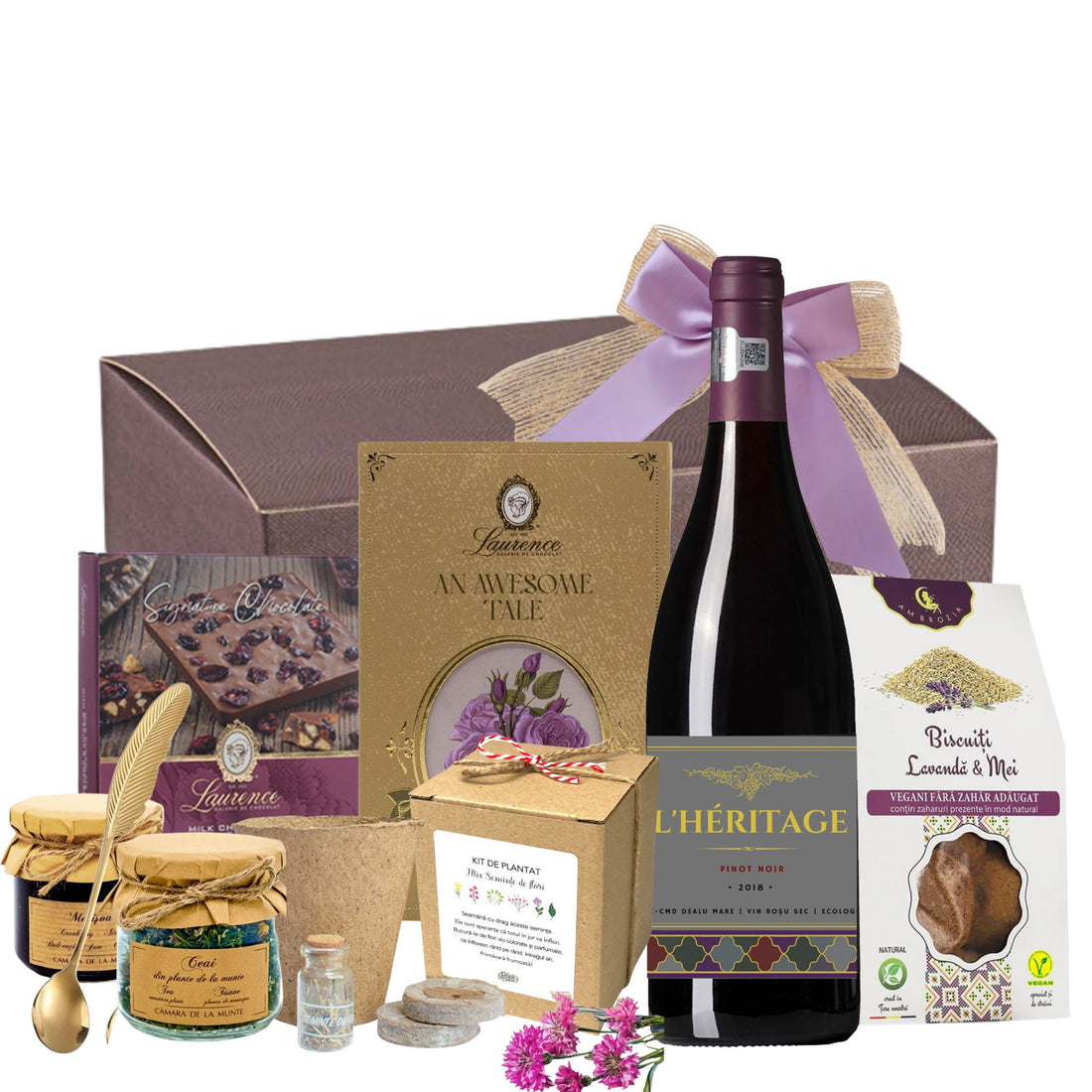 Cosuri cadou 1 martie cu vin rosu si kit de plantat flori