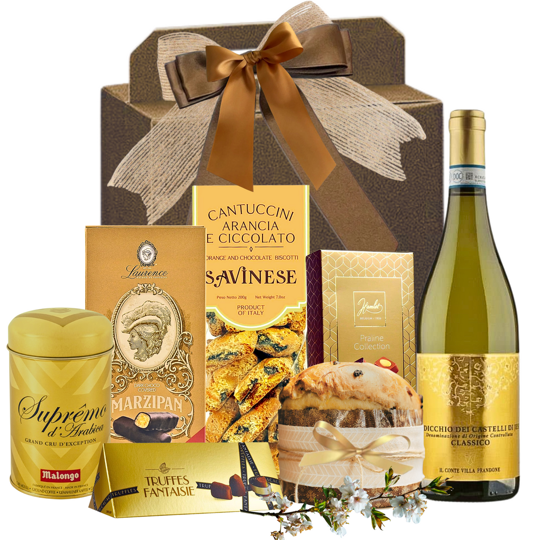 Pachet cadou Opulence Unveiled cu Verdicchio Il CONTE, cafea Malongo, trufe Mathez, praline Laurence și panettone în ambalaj premium