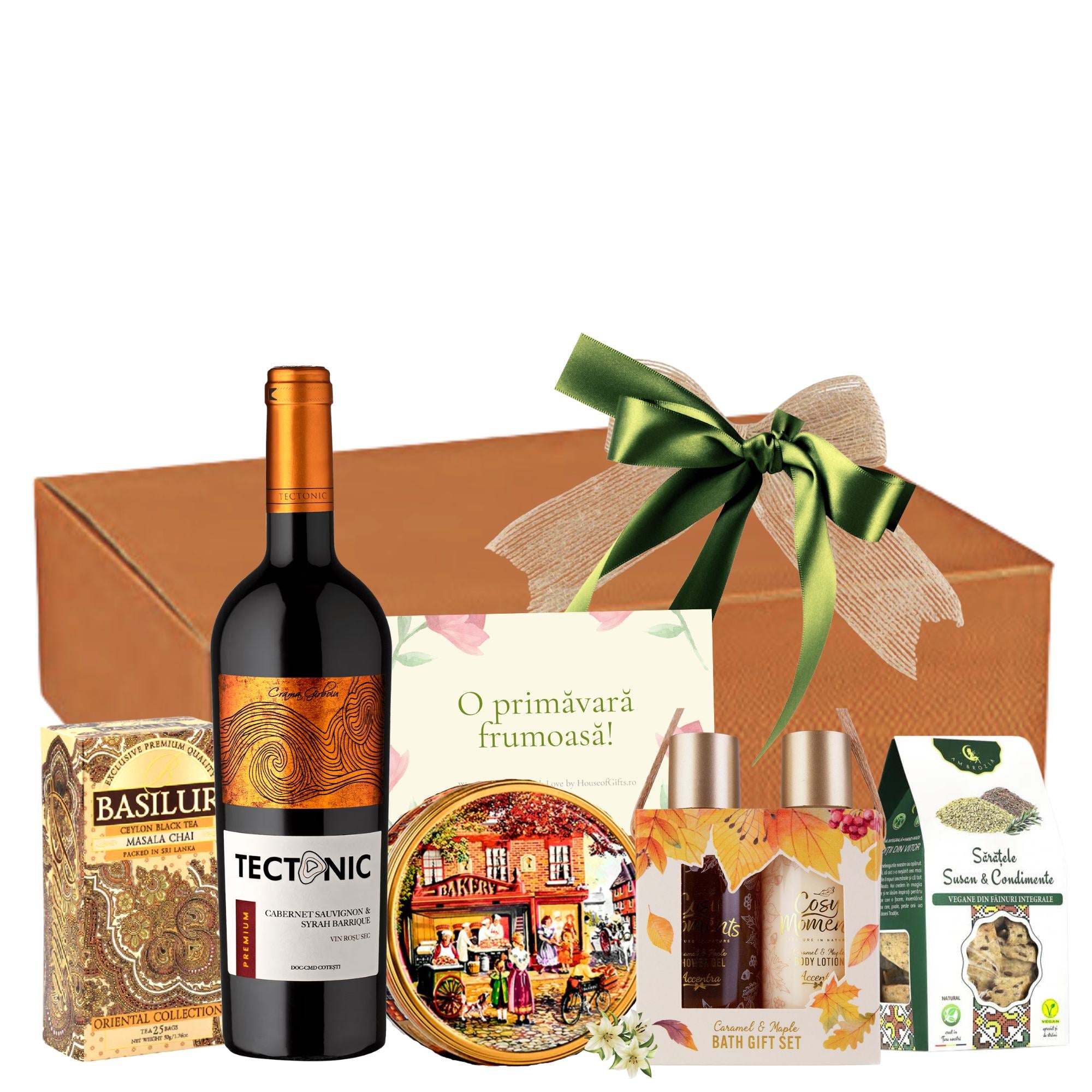 pachet cadou de paste cu vin rosu ciocolata biscuiti danezi si ceai premium