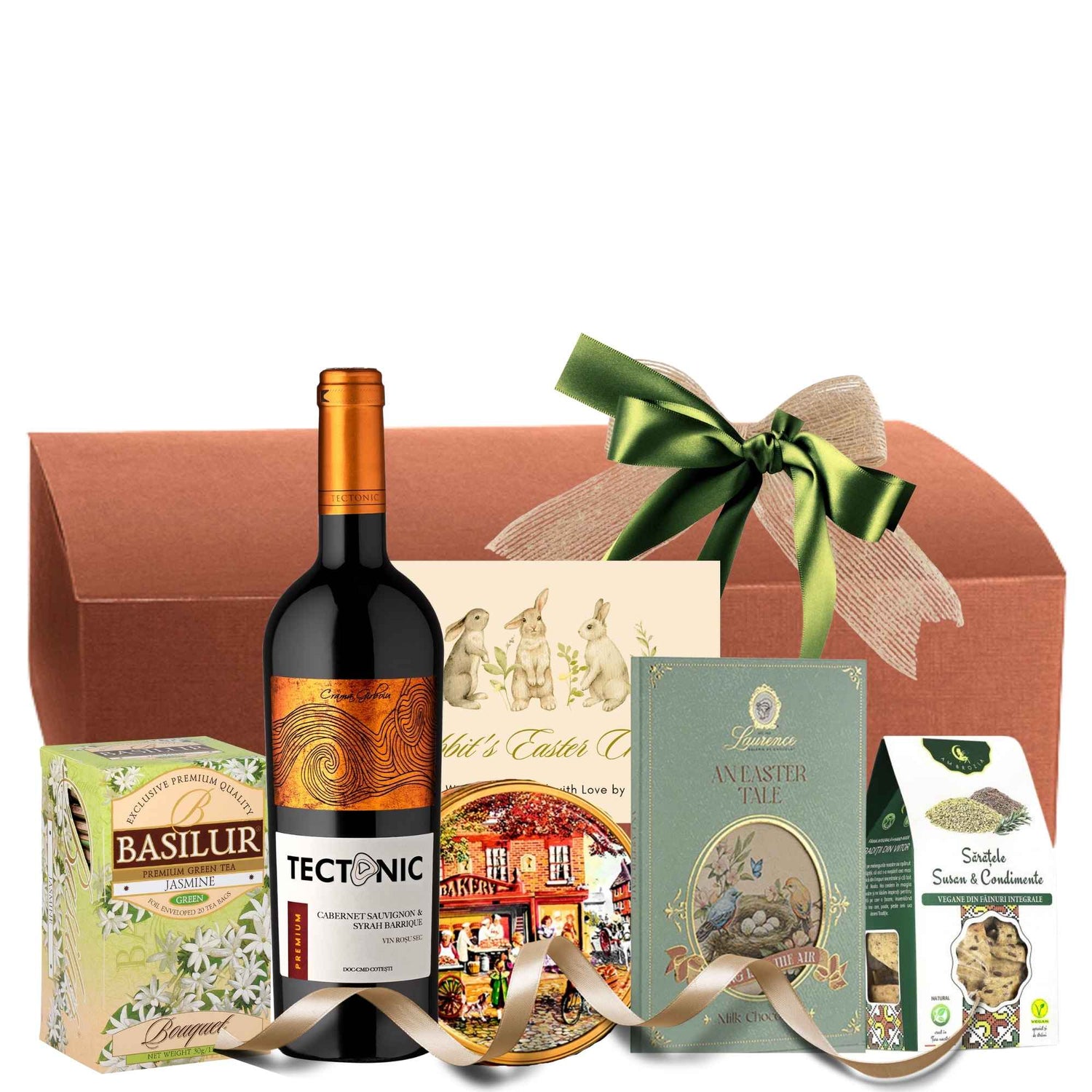 pachet cadou de paste cu vin rosu ciocolata biscuiti danezi si ceai premium