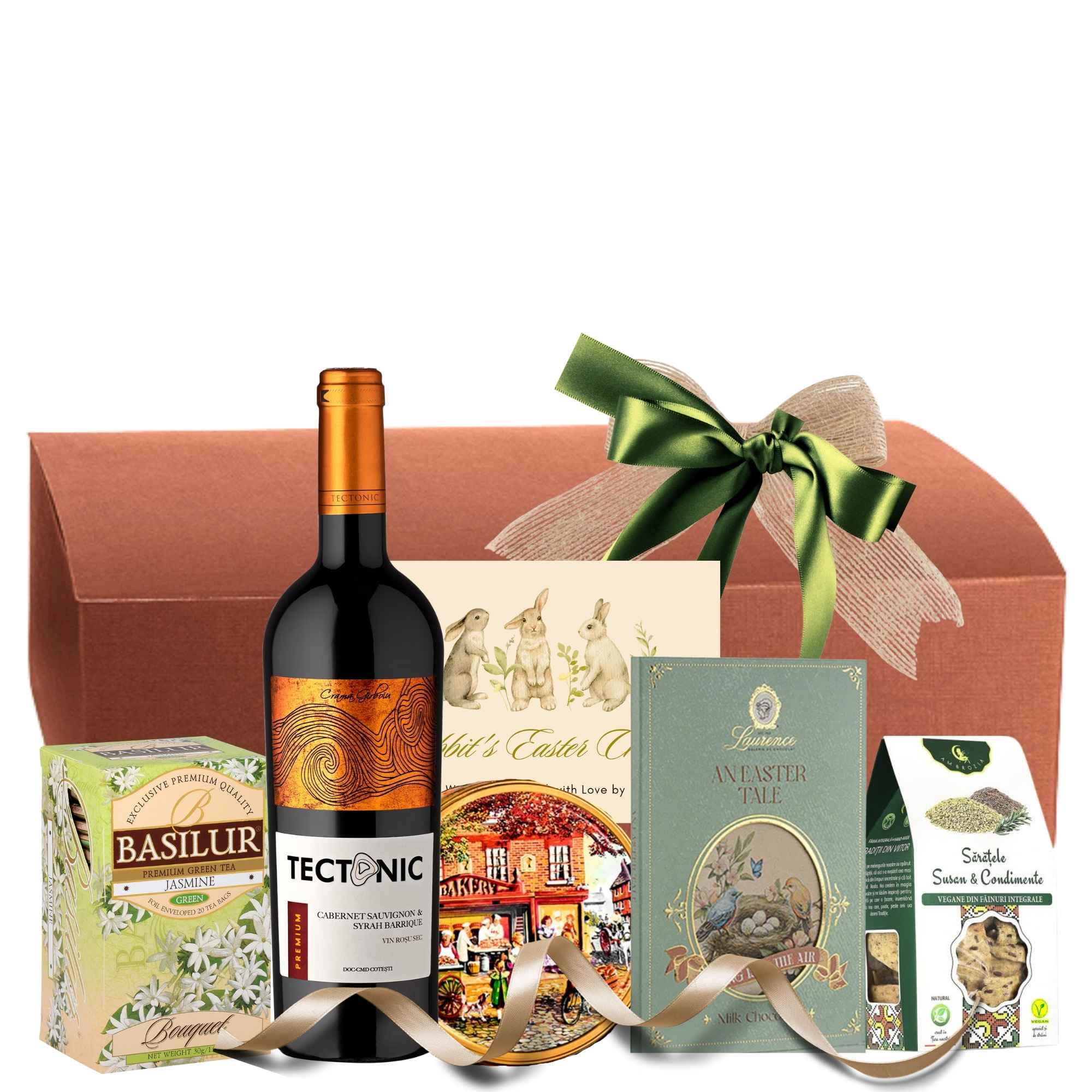 pachet cadou de paste cu vin rosu ciocolata biscuiti danezi si ceai premium