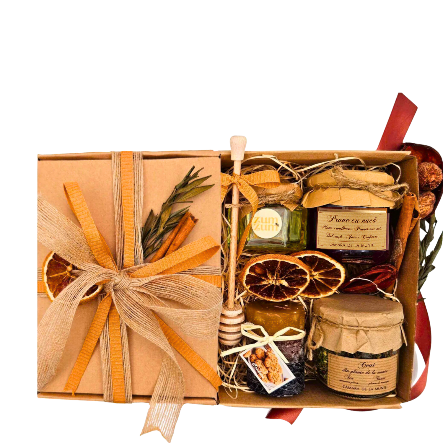 Coș Recolta de la munte cu ceai de plante de la munte, dulceață de coacăze negre, miere bio, lumânare parfumată și baton de miere
