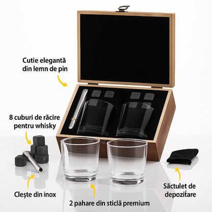 cadou barbati ce contine 2 pahare whisky intr-o cutie de lemn premium