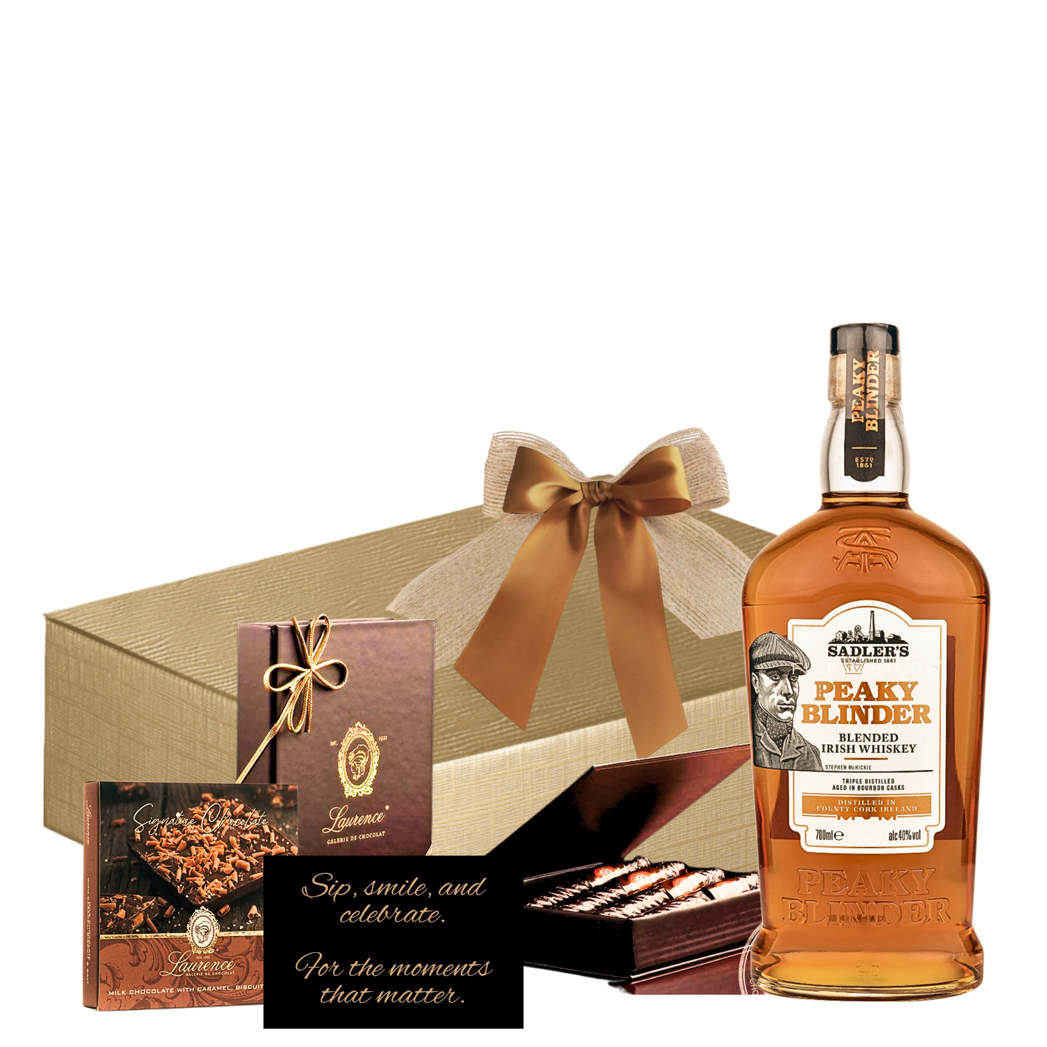 Coș Peaky Blinder Delights cu Peaky Blinder Irish Whiskey, trabucuri de ciocolată Laurence și praline Signature