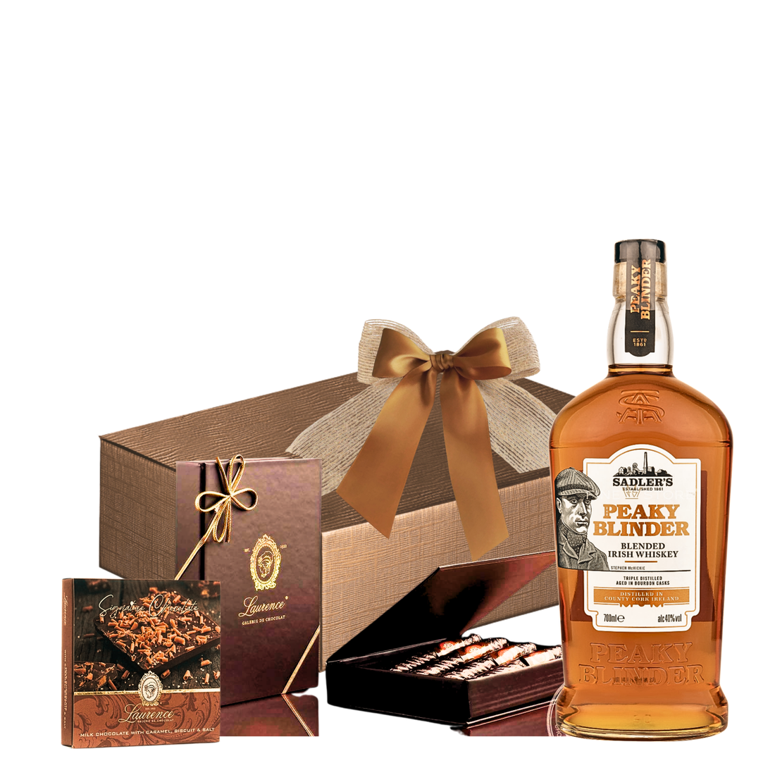 Coș Peaky Blinder Delights cu Peaky Blinder Irish Whiskey, trabucuri de ciocolată Laurence și praline Signature