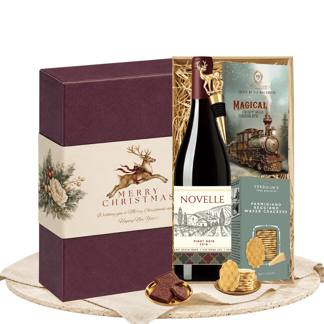 Cadou corporate de Crăciun Christmas Reserve cu vin Novelle, ciocolată Laurence și crackers Verduijn’s