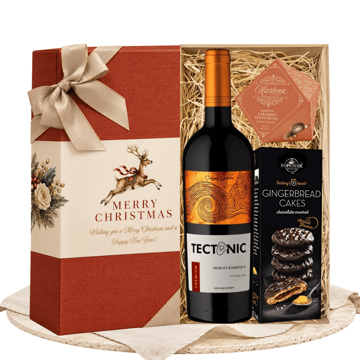 Cadou de Crăciun cu vin Season’s Choice, praline cu caramel și turtă dulce