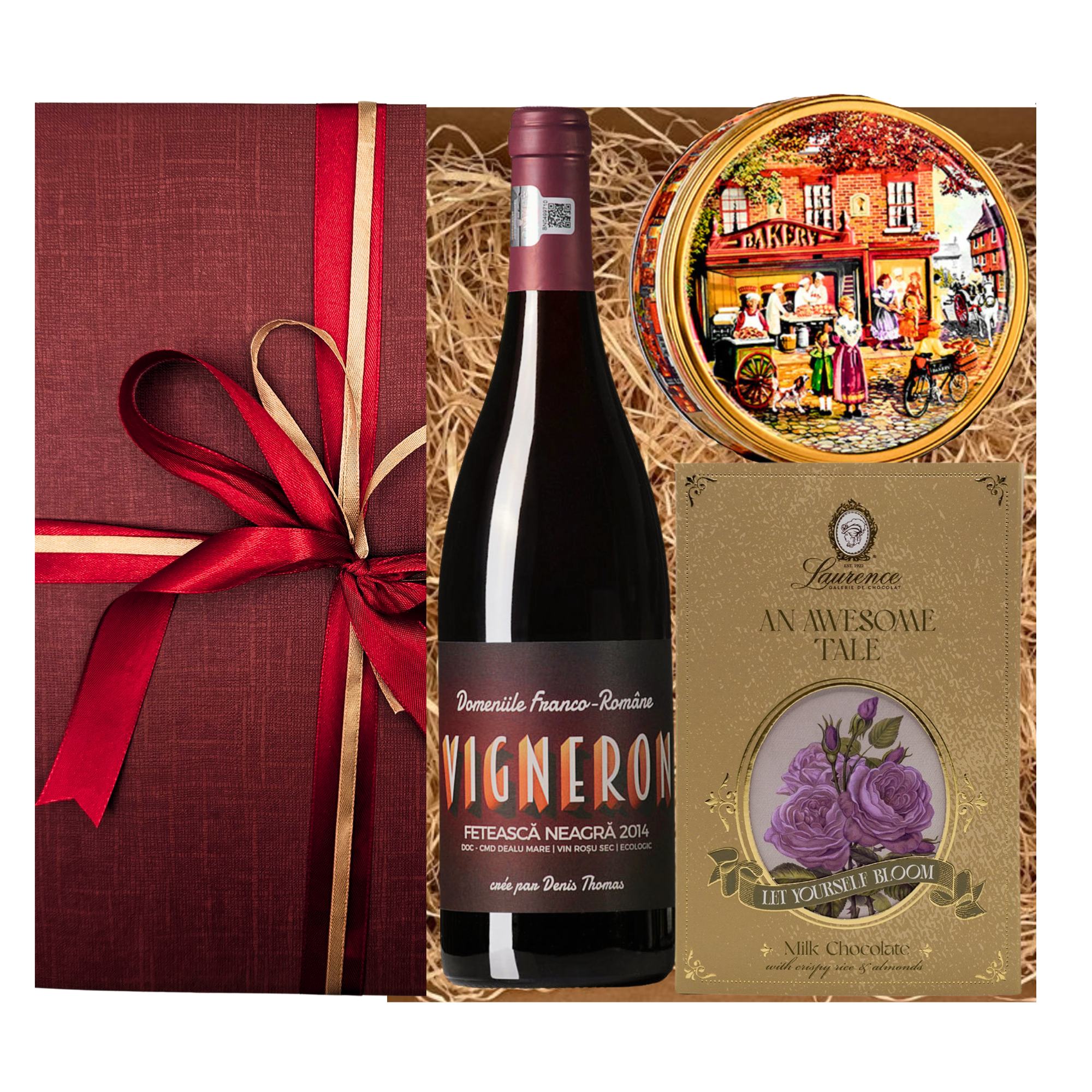 Cadou elegant pentru 8 Martie cu vin rosu, ciocolata si fursecuri daneze – Purple Joy