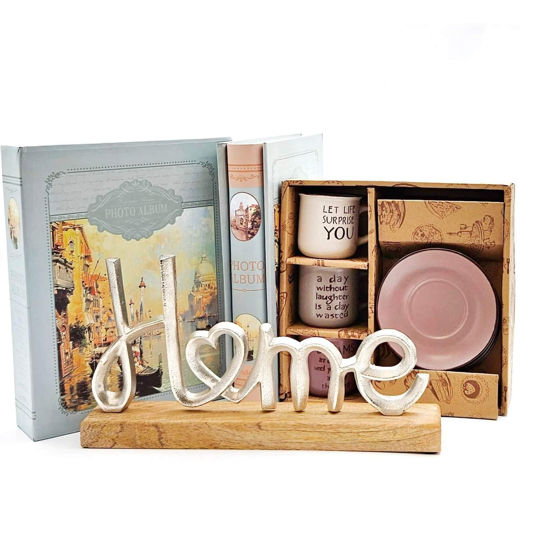 Set Home Coffee Gallery cu album foto 10×15 cm, decorațiune casă, set de 3 cești cafea într-o cutie cadou elegantă