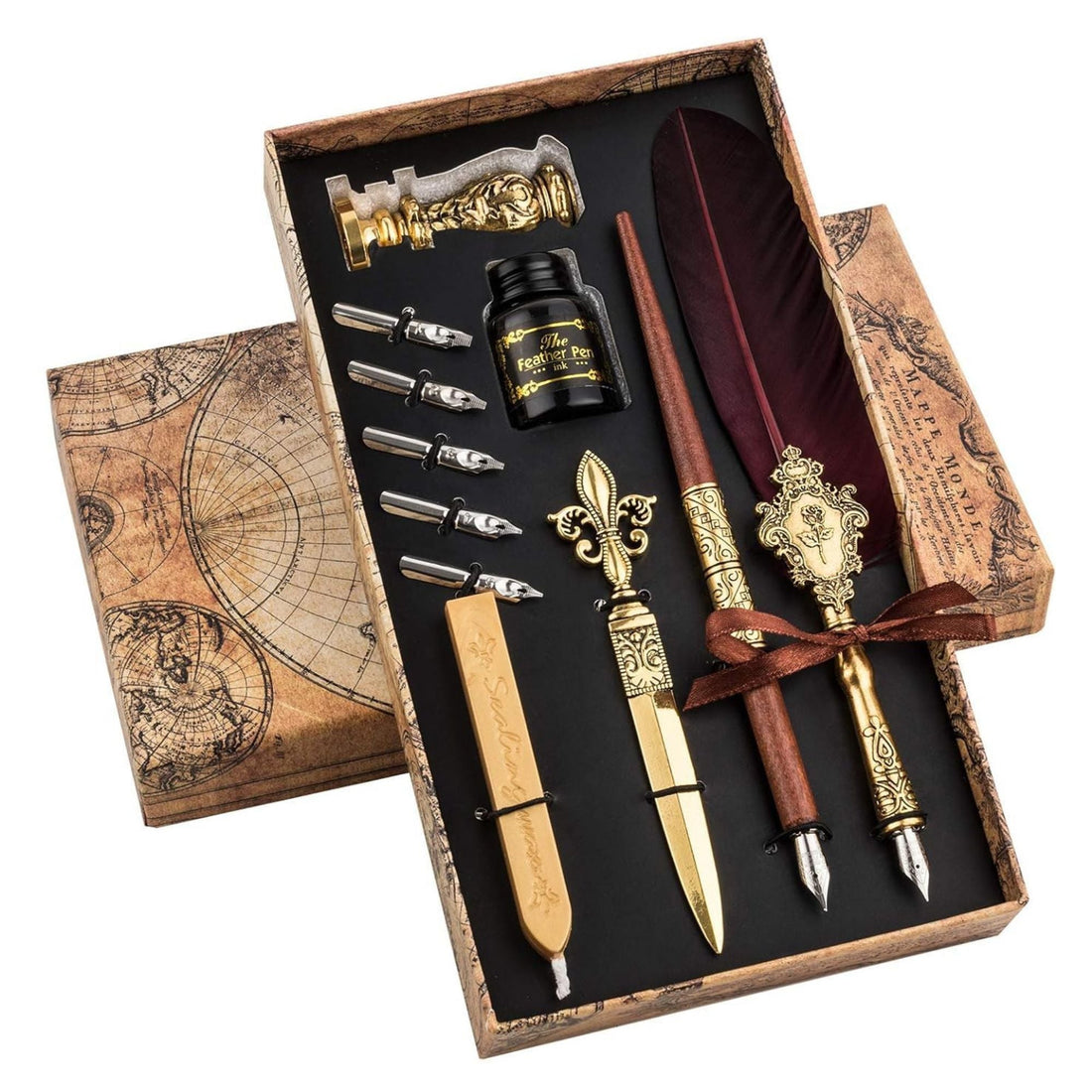 Set Caligrafie Artistry in Ink cu pană vintage, stilou cu penită, calimara, vârfuri interschimbabile, ceară aurie și cuțit pentru scrisori
