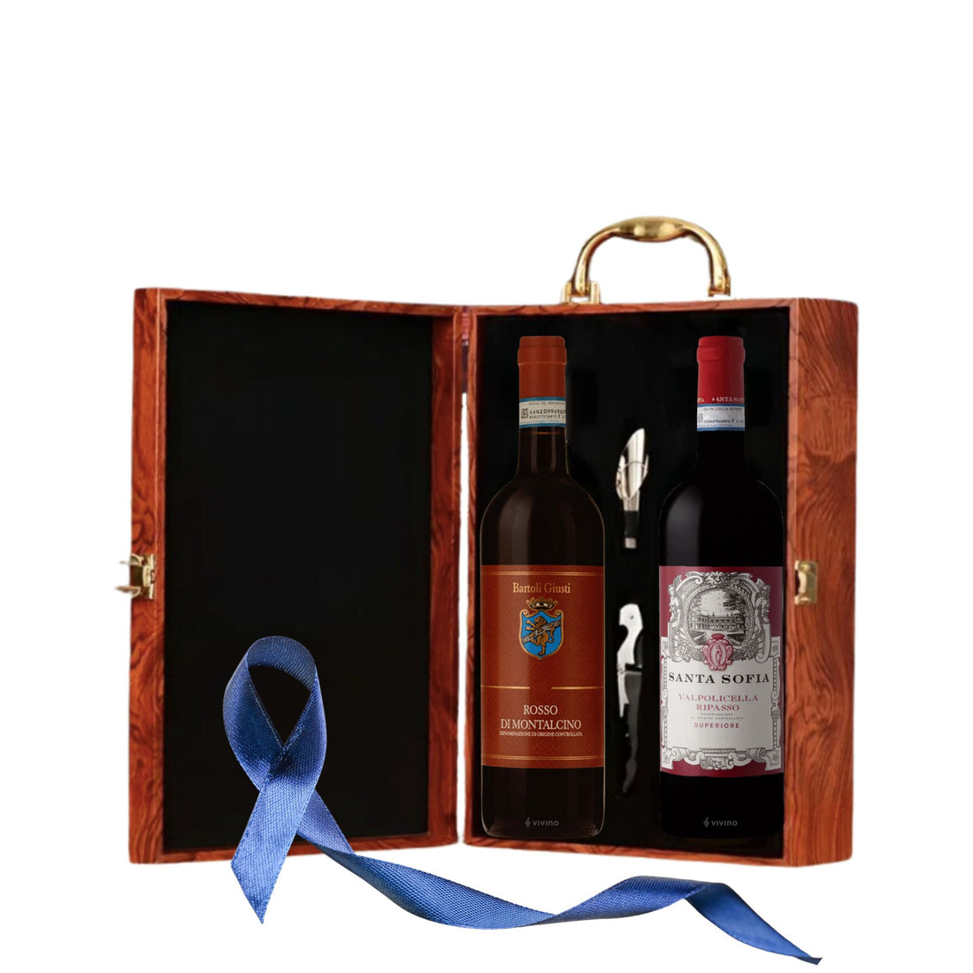 Coș True Connoisseurs cu Valpolicella Ripasso, Rosso di Montalcino și decantor Vinluxe Elite în ambalaj premium

